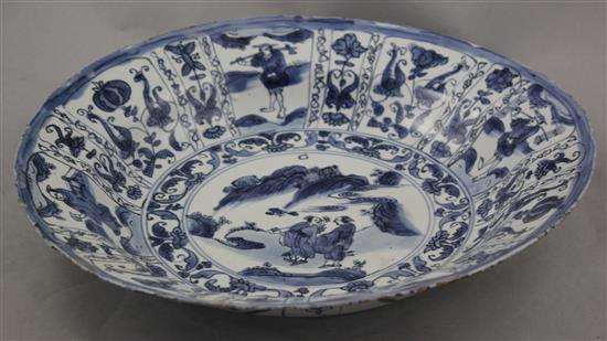A Chinese Kraak large blue and white dish, c.1640, 35.5cm, two rim cracks